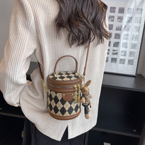 High-End Rhombus Bucket Bag Rhombus Retro Fashion Summer Exquisite Niche Design Women's Crossbody Bag Overseas