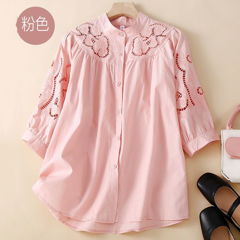 洋气小衫万人迷立领七分袖衬衫夏季新款灯笼袖刺绣镂花宽松棉衬衣