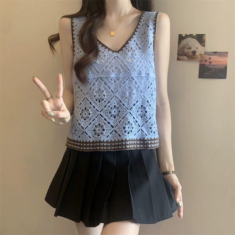 Вязаная камзол женская летняя верхняя одежда больших размеров для полных мм, утягивающий топ без рукавов с V-образным вырезом, красивая короткая рубашка