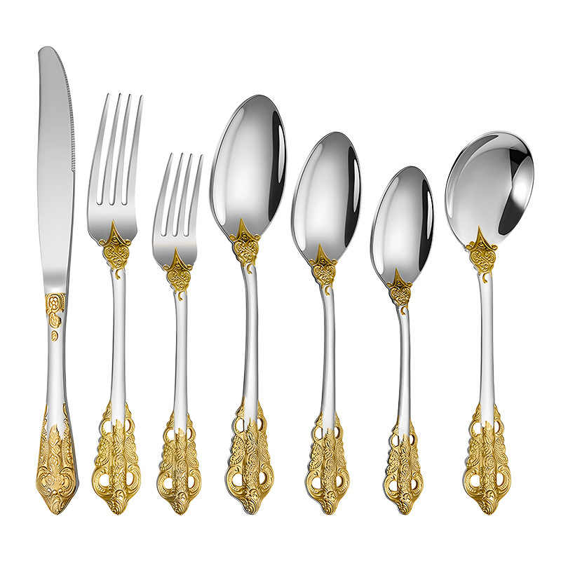 Vintage embossed 304 stainless steel tableware gold-plated high-value palace hotel western steak knife fork dessert spoon Vintage embossed 304 stainless steel tableware gold-plated high-value palace hotel western steak knife fork dessert spoon
