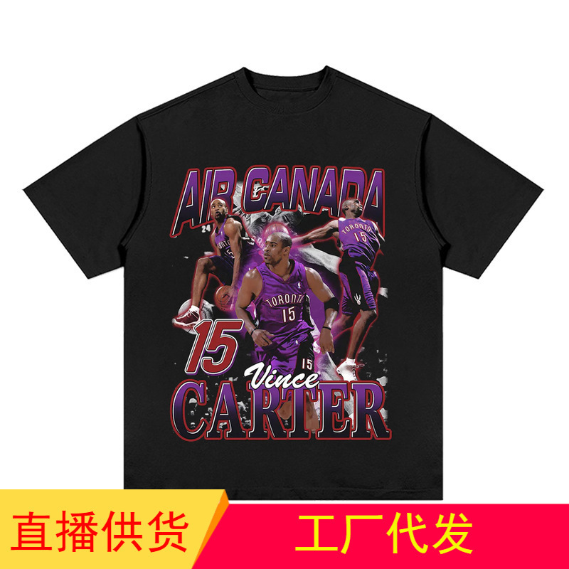 VincenT American ReTro BaskeTball VinTage PrinTed Round Neck Summer Pure CoTTon ShorT-sleeved T-shirT