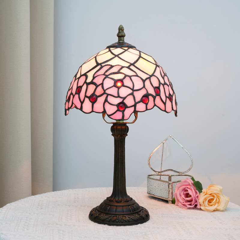 20cm Tiffany Stained Glass Table Lamp American Pastoral Pink Cherry Blossom Bedroom Bedside Desk Lamp