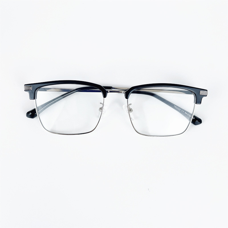 千艾メガネフレームレトロ眉毛金属ハーフフレームブルーライト防止メガネ角型素顔メンズビジネス近視鏡