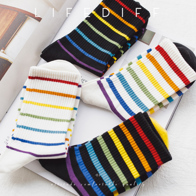 LIFEDIFF Japanese Style Trendy Unisex Socks Rainbow Socks Campus Sports Socks Mid-length Socks Couples Socks Striped 21512