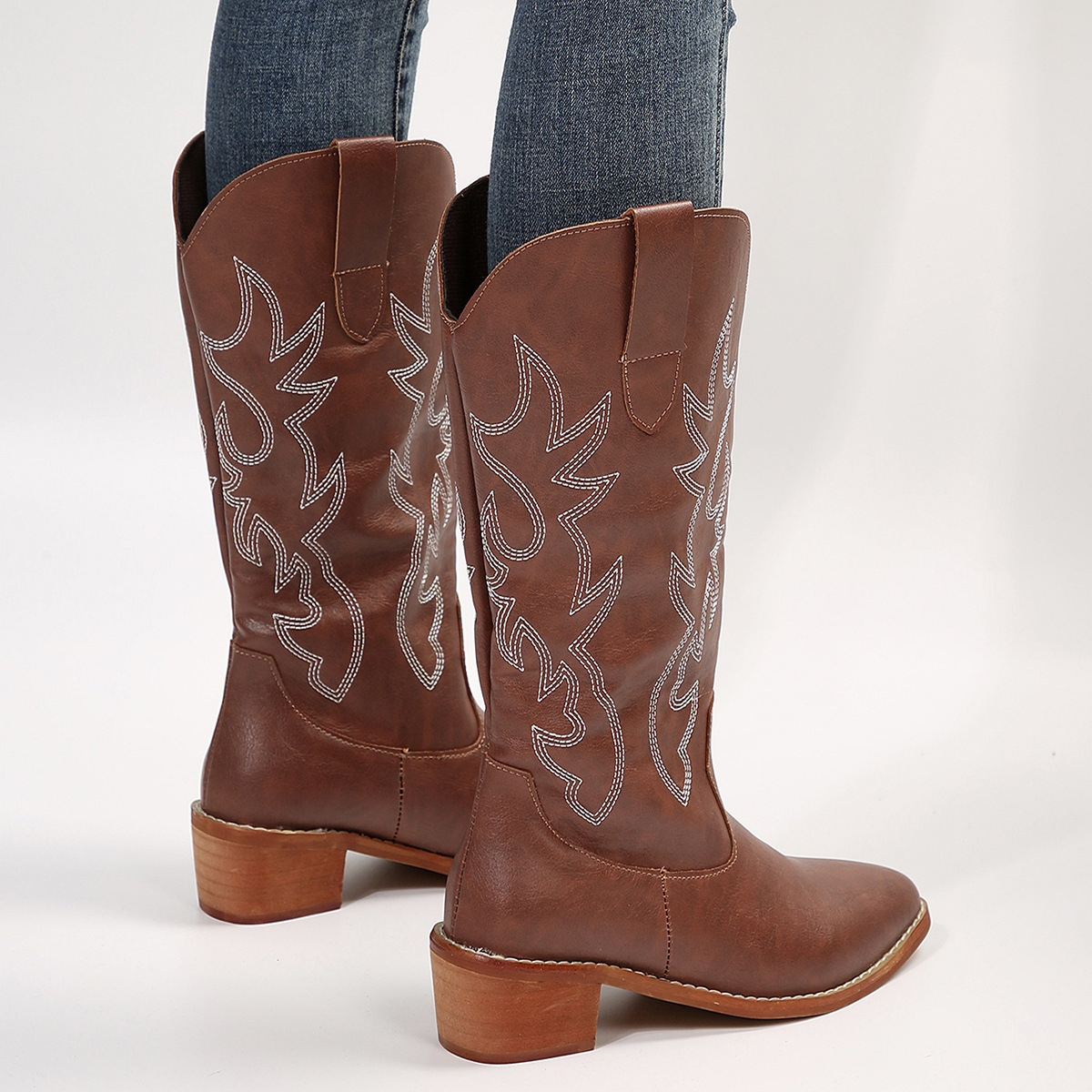 Dámské rytířské boty s vyšívanými dřevěnými kořeny, střední délky a špičatým hrotem, plus size_voghion.com