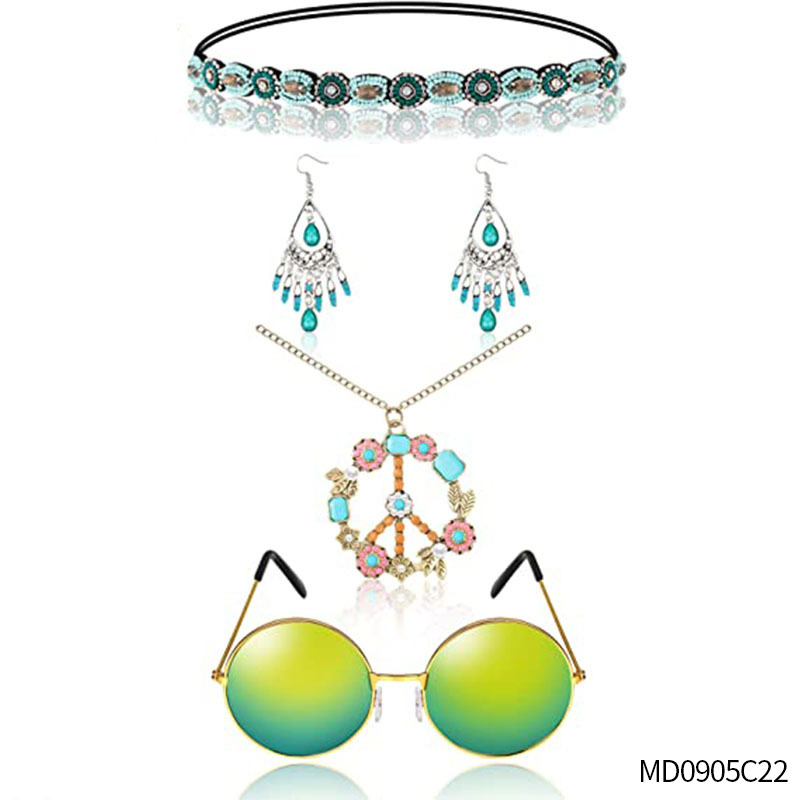 Accesorios de vestir hippies de la década de 1960, diadema de girasol, gafas redondas, conjunto de aretes de collar de talismán de paz
