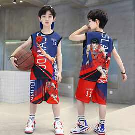 跨境现货儿童装男童夏装套装2026中大童篮球服背心男孩运动服速干