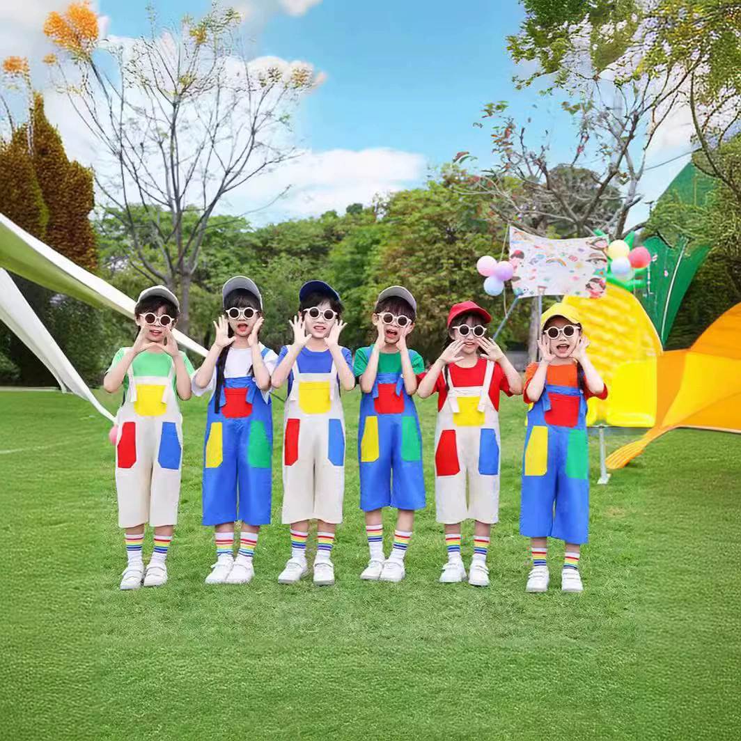 Детские костюмы для выступлений, черлидинга, начальной школы, спортивные костюмы для встреч, милые красочные комбинезоны для детского сада, классная униформа