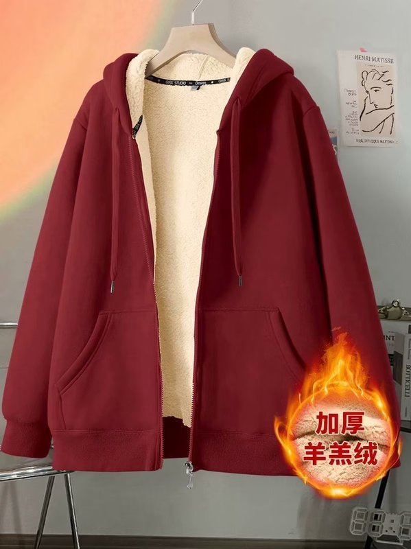 简约纯色保暖羊羔绒连帽卫衣外套秋冬加绒加厚保暖羊羔绒外套|undefined