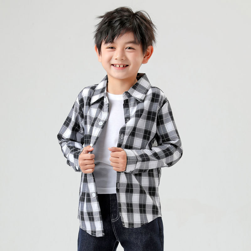 儿童衬衫春秋装纯棉男童衬衣英伦风黑白格子中小童上衣开衫薄外套