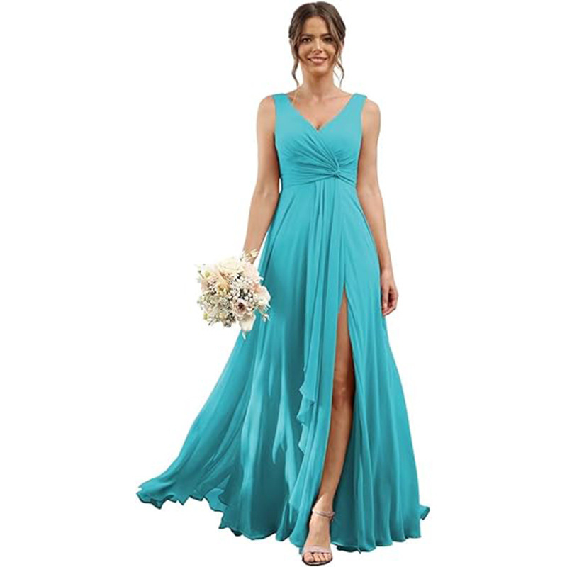 Ladies Bridesmaid Dress Dress Amazon Wedding Chiffon Pleated Slit V-Neck Evening Dress Formal Ball Gown