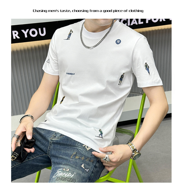 Summer Embroidered Short-sleeved Men's T-shirt American Trendy Brand 2024 New Slim-fit Crew Neck Youth Fashion Short-sleeved Bottoming Shirt_viptrois.com