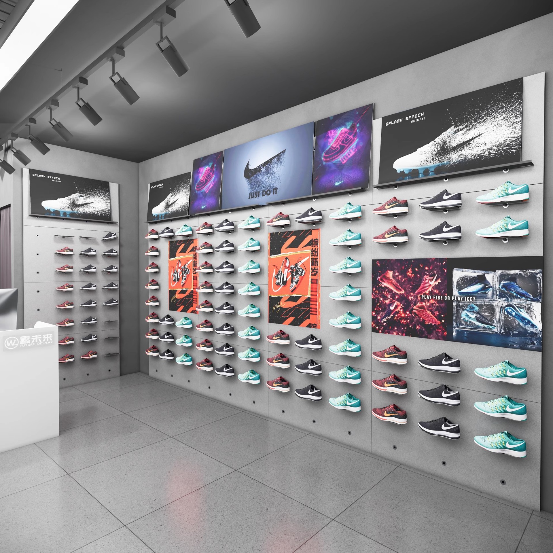 Estante de exhibición de marca deportiva transfronteriza tienda de ropa personalizada tienda de ropa de hombre marco de hierro estante de piso de pared grueso