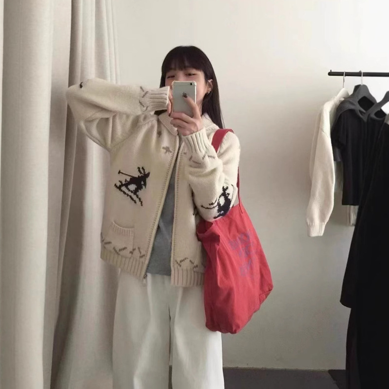 Autumn and Winter Thickened Ski Jacquard Sweater Coat Women's Korean-style Casual All-match Simple Zipper Knitted Cardigan Top