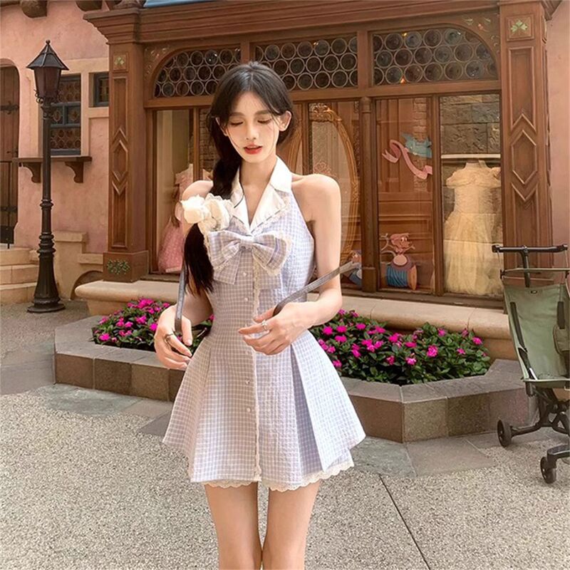 Two-piece Suit Celebrity Style Bow Sleeveless dress Tight Waist Slimming Shirt Princess Skirt with Culottes Two-piece Suit Celebrity Style Bow Sleeveless dress Tight Waist Slimming Shirt Princess Skirt with Culottes