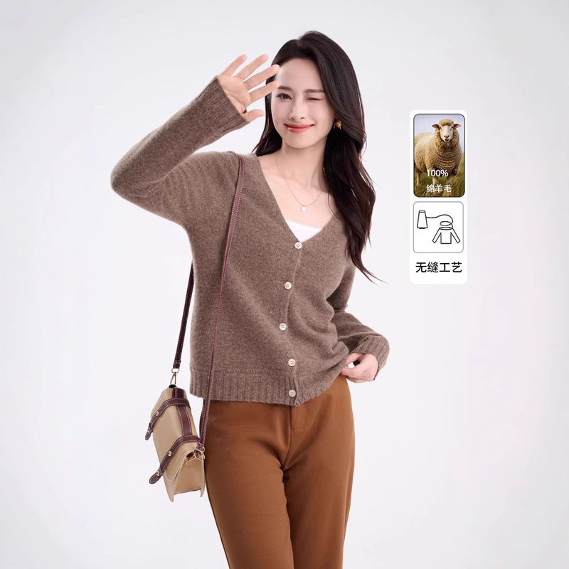 100% Wool Sweater 2025 Early Winter Floral Yarn V-Neck Knit Cardigan for Women, 12-Gauge, 260g Fine Wool