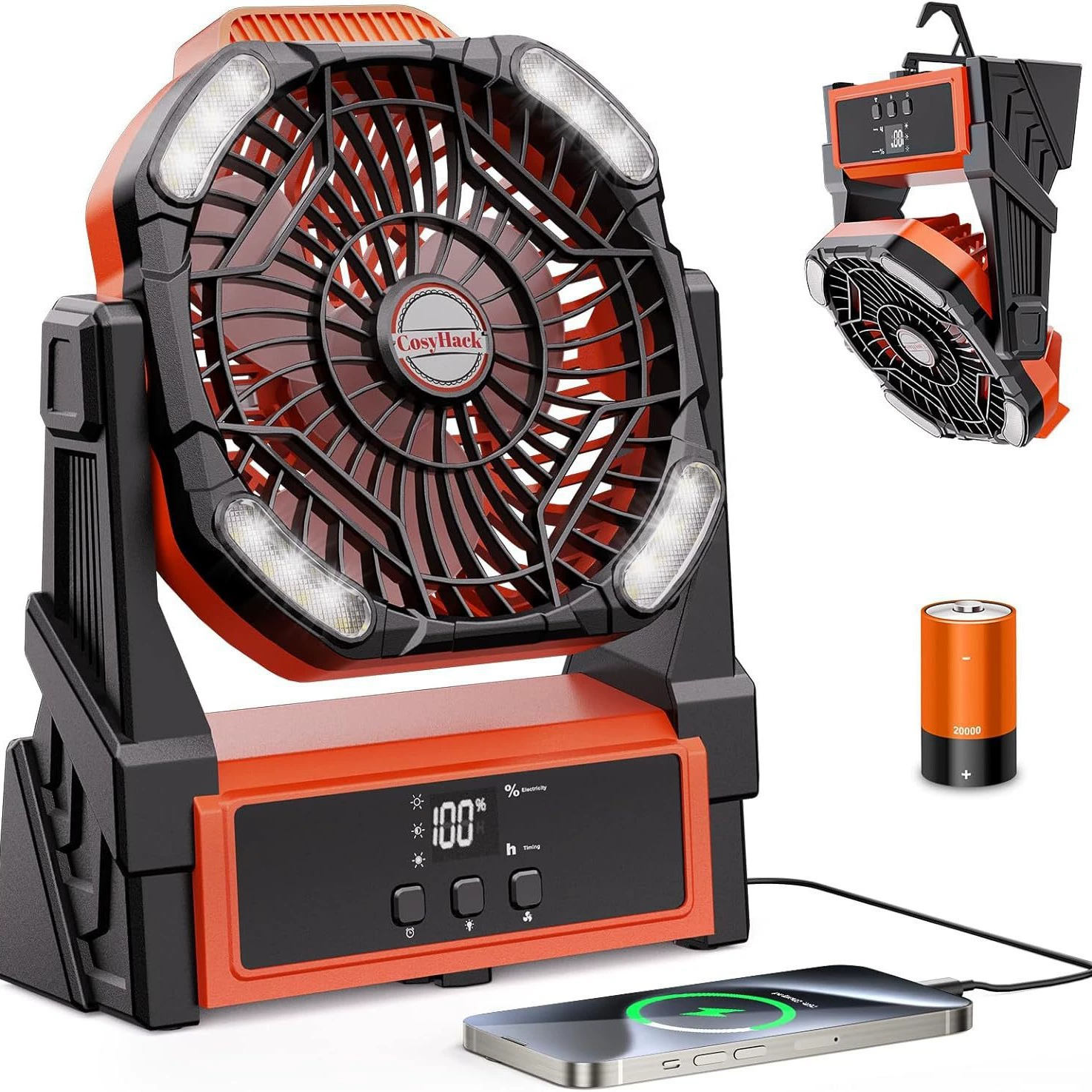 Портативный USB-вентилятор для кемпинга и рыбалки с мощным потоком воздуха, зарядкой через USB и функцией освещения для палаток