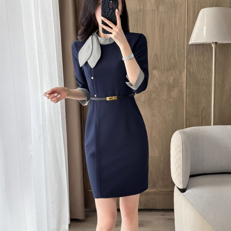 Spring and summer middle sleeve collar gray stewardess professional attire temperament high-end dress women beauty salon hotel work clothing Spring and summer middle sleeve collar gray stewardess professional attire temperament high-end dress women beauty salon hotel work clothing