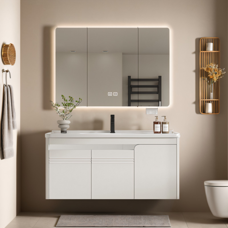 Nuevo gabinete de baño francés, juego de combinación de mesa de lavado, gabinete de baño de acero inoxidable, lavabo integrado de cerámica, lavabo para el hogar