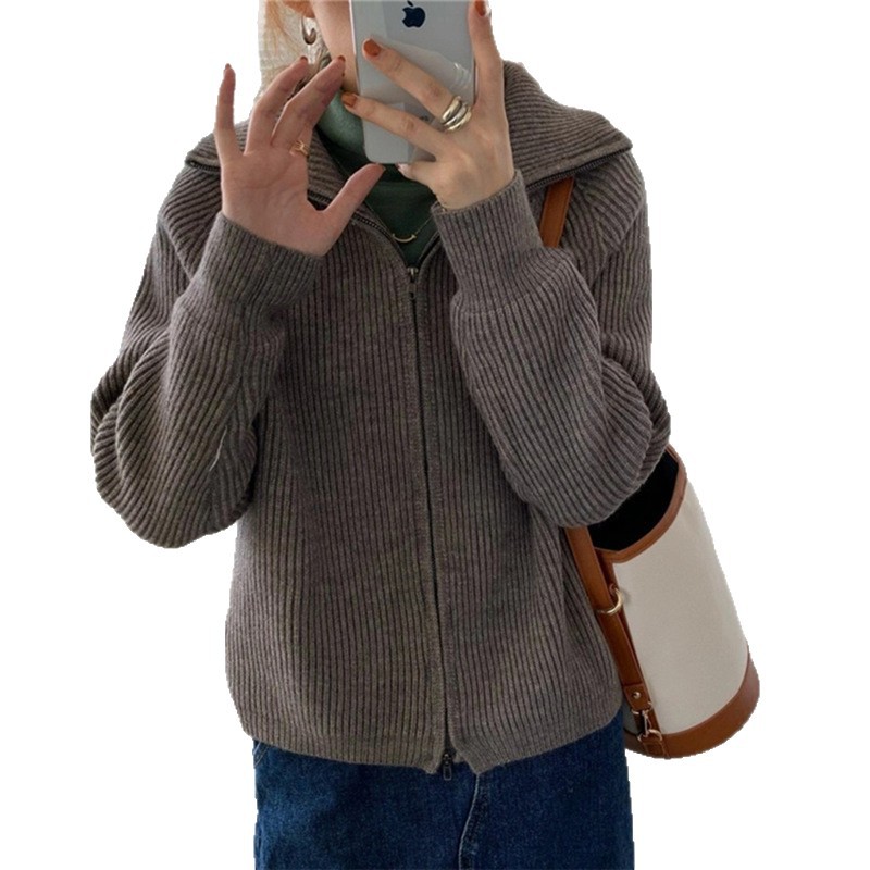 Coreano con solapa de doble cremallera de color sólido cardigan de punto de mujer otoño y invierno nuevo suéter suave pegajoso abrigo suelto image 6