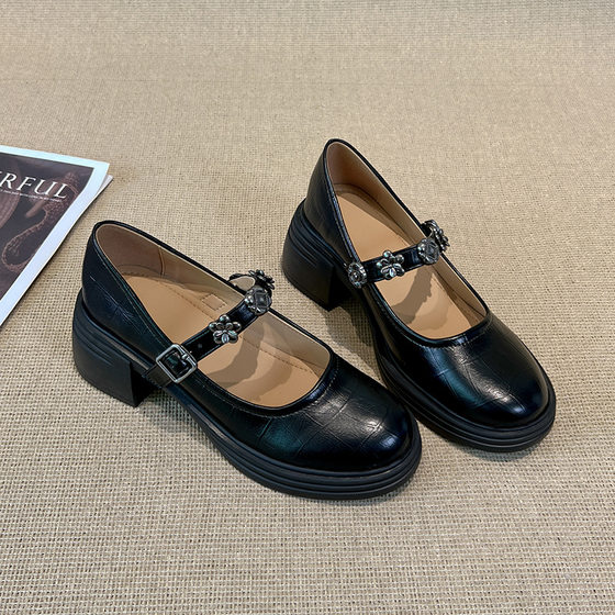 French Retro Thick-soled Mary Jane Shoes Women's Shoes 2025 Round Toe Shallow Mouth One-line Buckle Thick High-heeled Single-layer Shoes Women's New Arrival Shoes