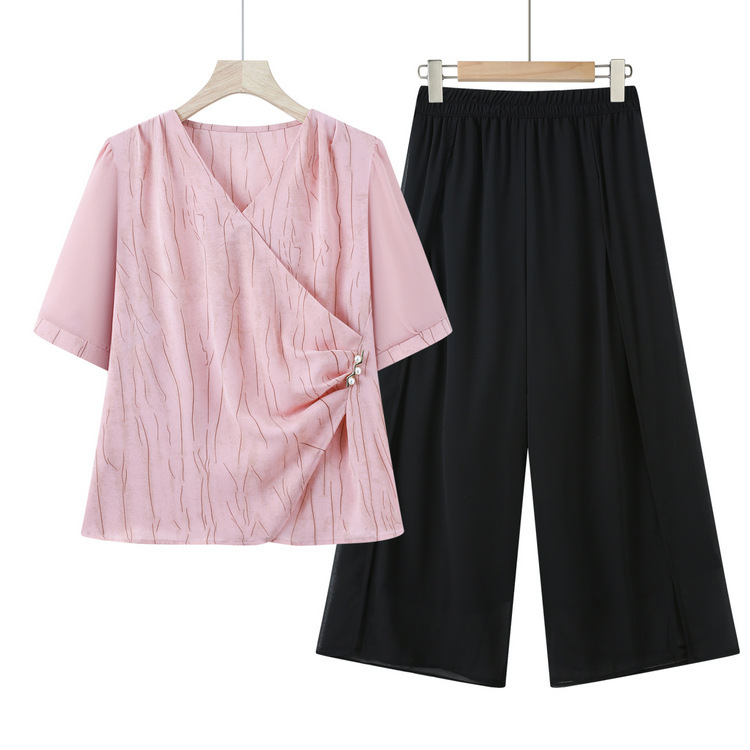 中年母親の夏半袖シャツスーツ2025新中高年女性シャツTシャツカジュアルスーツ|undefined