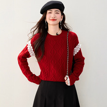 实拍 韩版圆领复古麻花菱形针织衫蕾丝边拼接长袖可爱甜美风毛衣