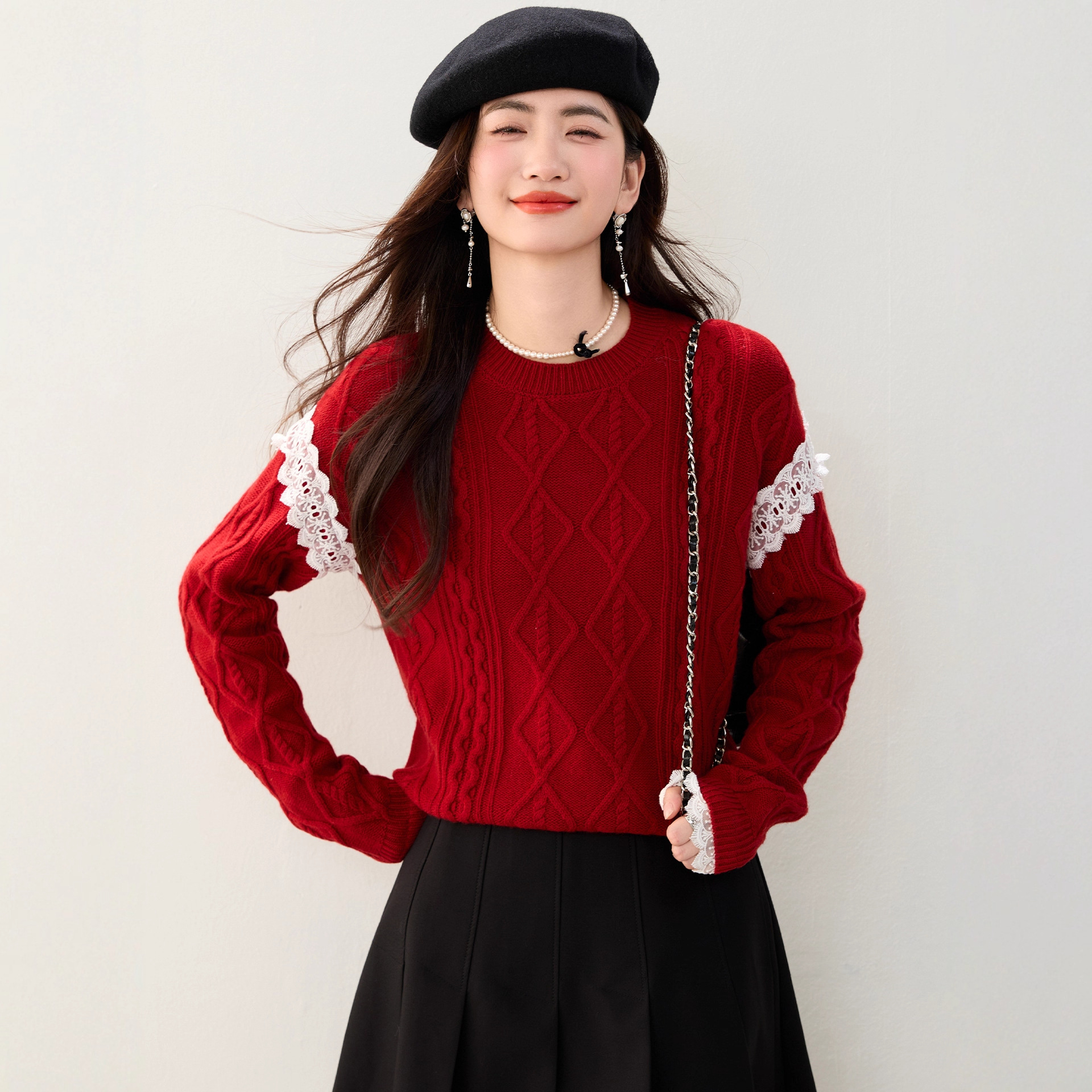 实拍 韩版圆领复古麻花菱形针织衫蕾丝边拼接长袖可爱甜美风毛衣