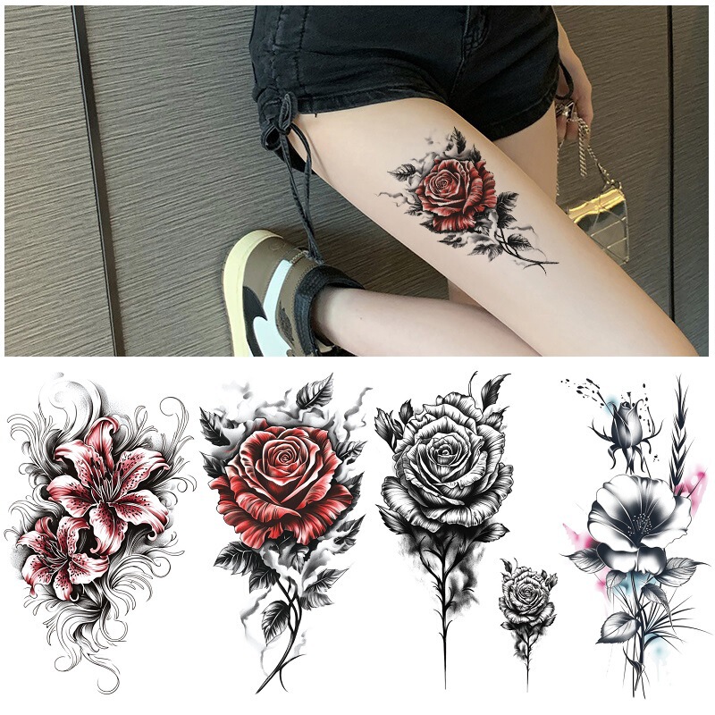 Emmy New Large Pattern Red and Black Rose Figure Pattern Water Transfer Disposable Temporary Waterproof Tattoo Sticker