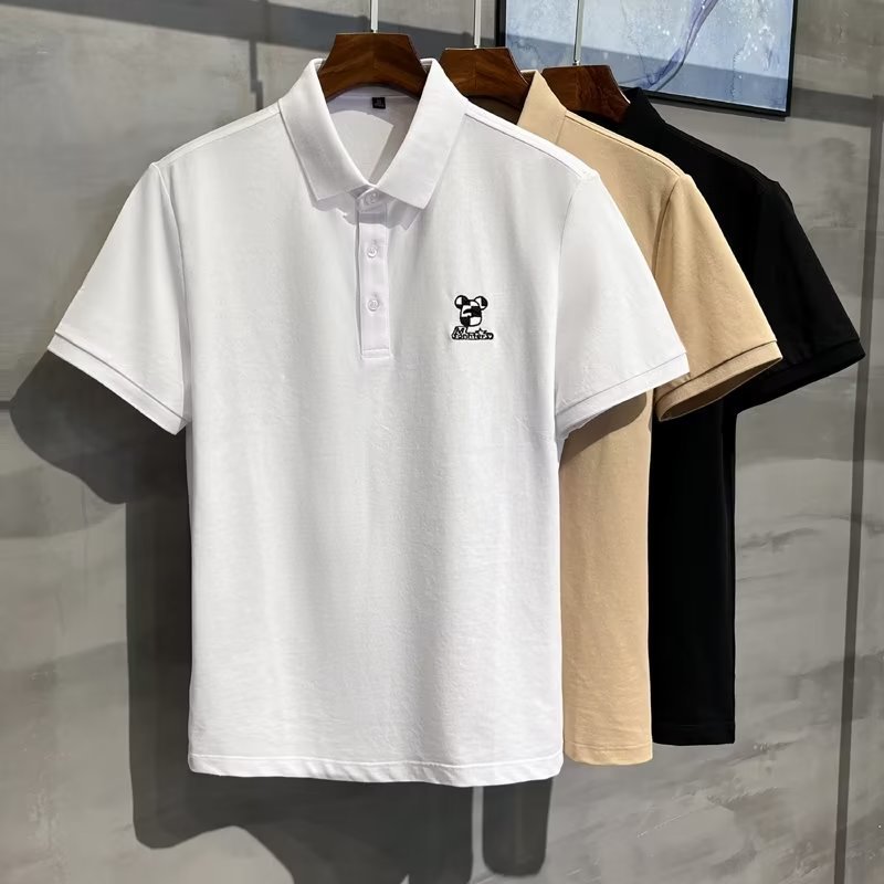 2024 Summer Thin Pearl Mesh Bear Embroidered Back Letter Print Slim Fit Elastic Polo Short Sleeves_voghion.com