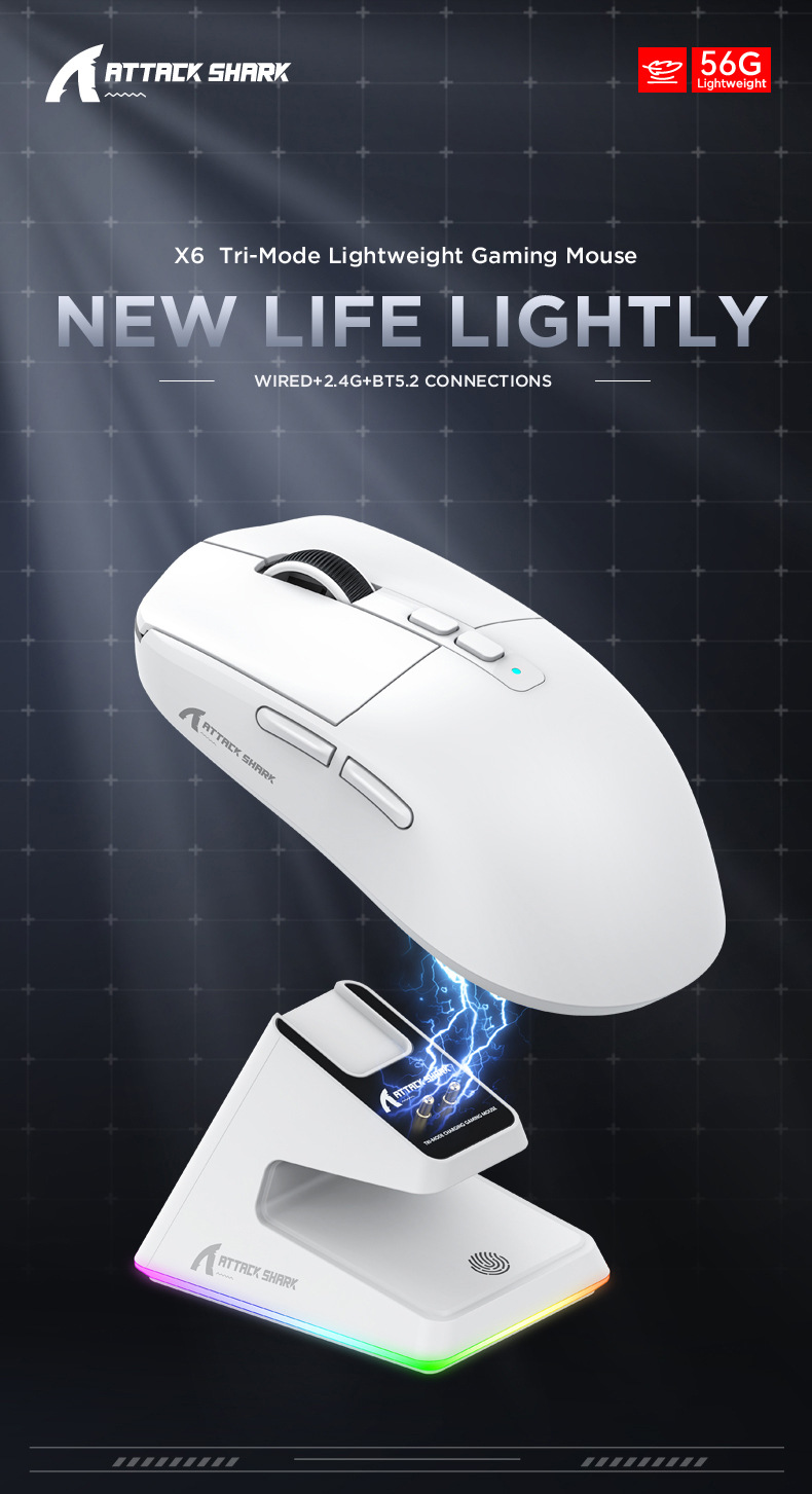 Attack Shark X6 PAW3395 Tri-Mode Wireless Gaming Mouse with DOCK