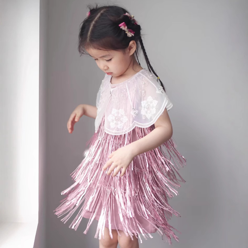 Spring and Summer New Style Girls Vest Dress Little Girl Sequined Tassel Dress Birthday Party Style