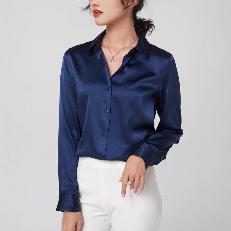 New Satin Silk Shirt Women's Spring Mulberry Silk Commuter White Shirt Long-sleeved Elegant Slim-fit Square Collar Top