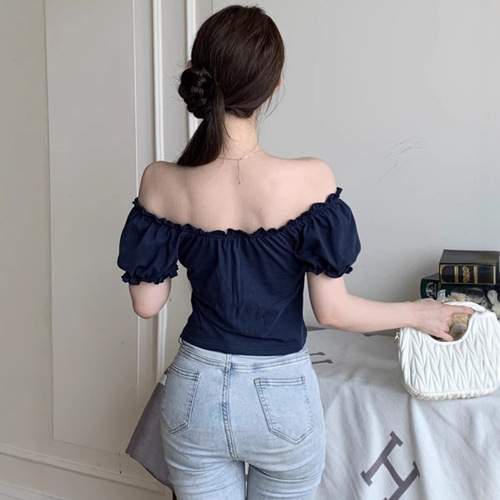 French sexy spicy girl style bubble sleeve short sleeve T-shirt women summer pure desire revealing collarbone slimming short top women's T fashion