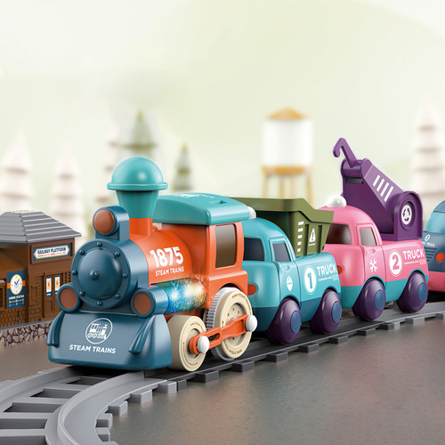Cross-border rail train macaron color children's locomotive electric light cartoon engineering rail car toy