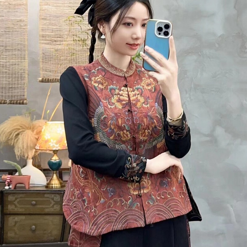 Reversible Women's Vest 2026 New Vintage Style Stand Collar Buttoned Vest Ethnic Style Embroidered Rayon Vest