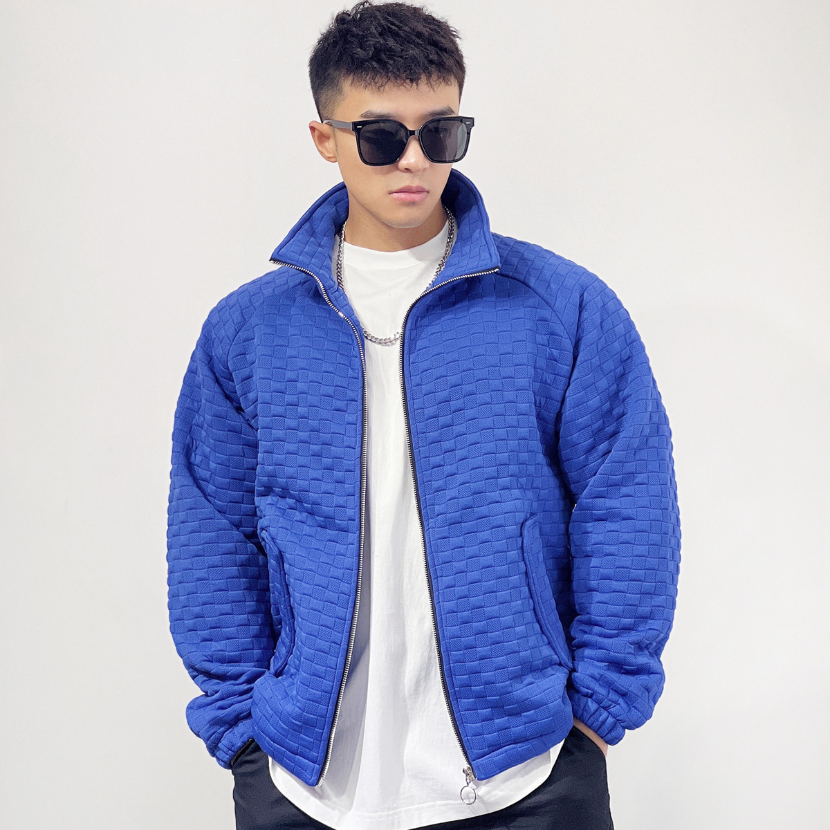 Sports Fitness Muscle Waffle Jacket Men's Autumn Loose Cardigan Zippery Casual Solid Color Stand Collar