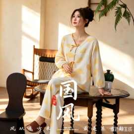 田园风睡衣女纯棉纱布薄款春秋夏季睡衣女九分袖家居服套装可外穿