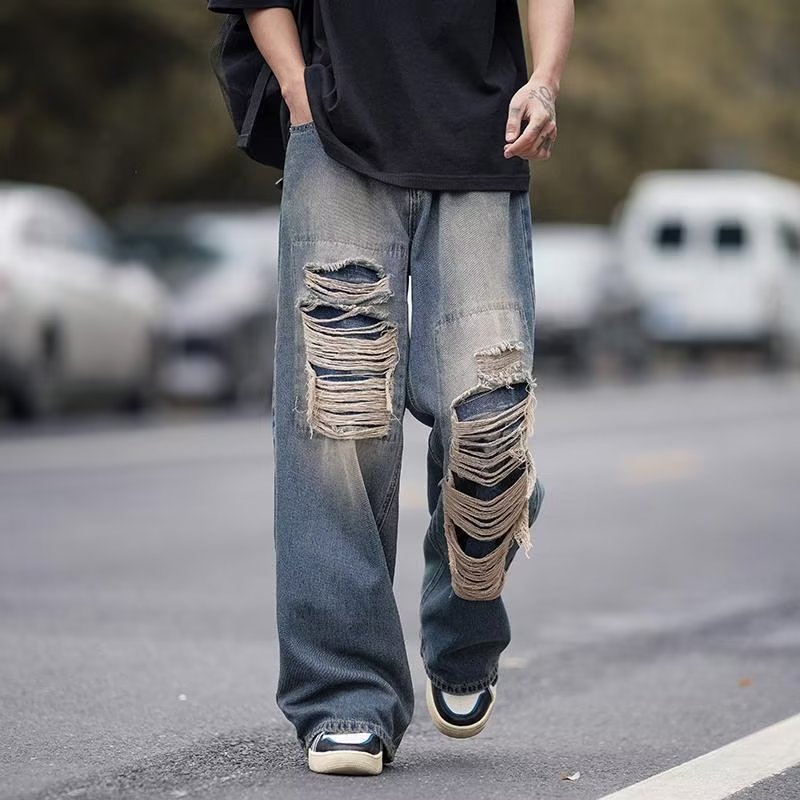American Style Retro Ripped Jeans Men's Summer Washed Old Loose Wide Leg Straight Tube Trendy Brand High Street Pants