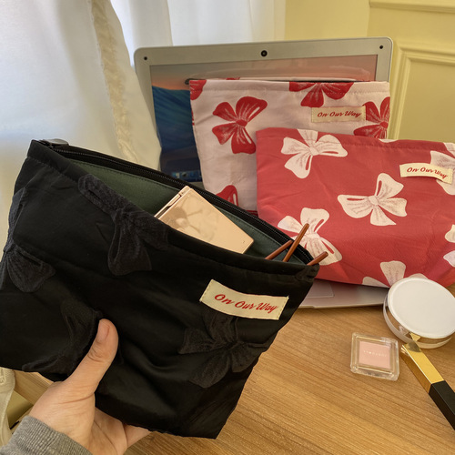 Calla Lily Retro Contrast Color Cosmetic Bag Concave-Convex Texture Double-layer Jacquard Liner Bag Large Capacity Canvas Storage Bag for Women
