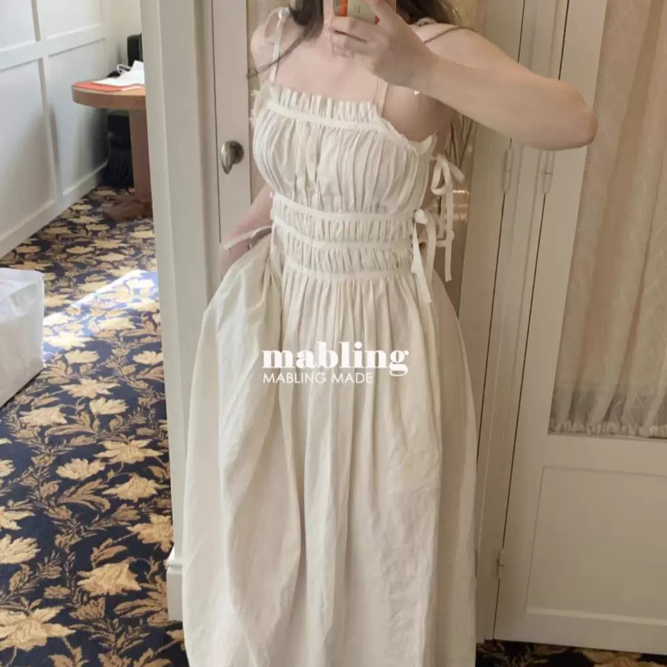 不退不换 2024夏季新款韩国东大门mab*ing简约纯色蕾丝吊带连衣裙