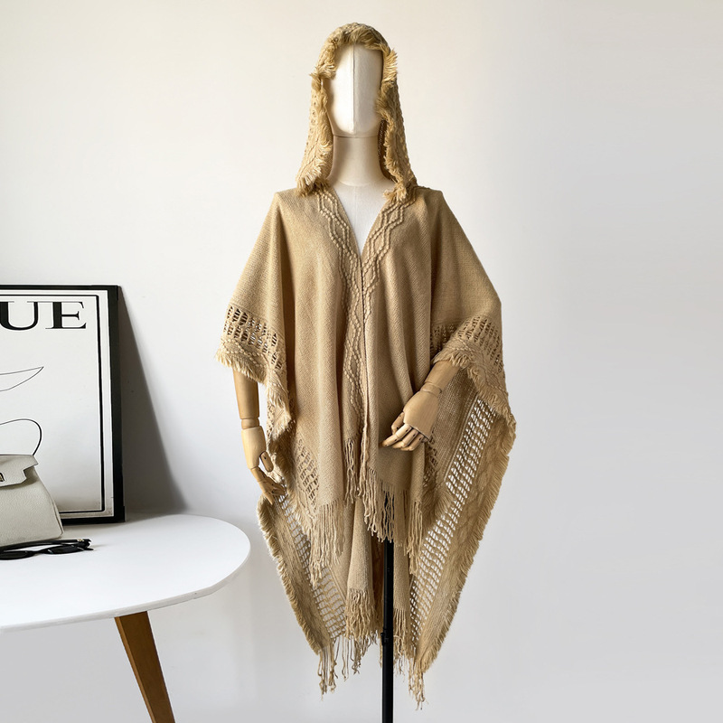 Hooded Hollow-Out Tassel Knit Cape Shawl Bohemian Style Outerwear Shawl for Vacation Photos and Sun Protection Cover-Up
