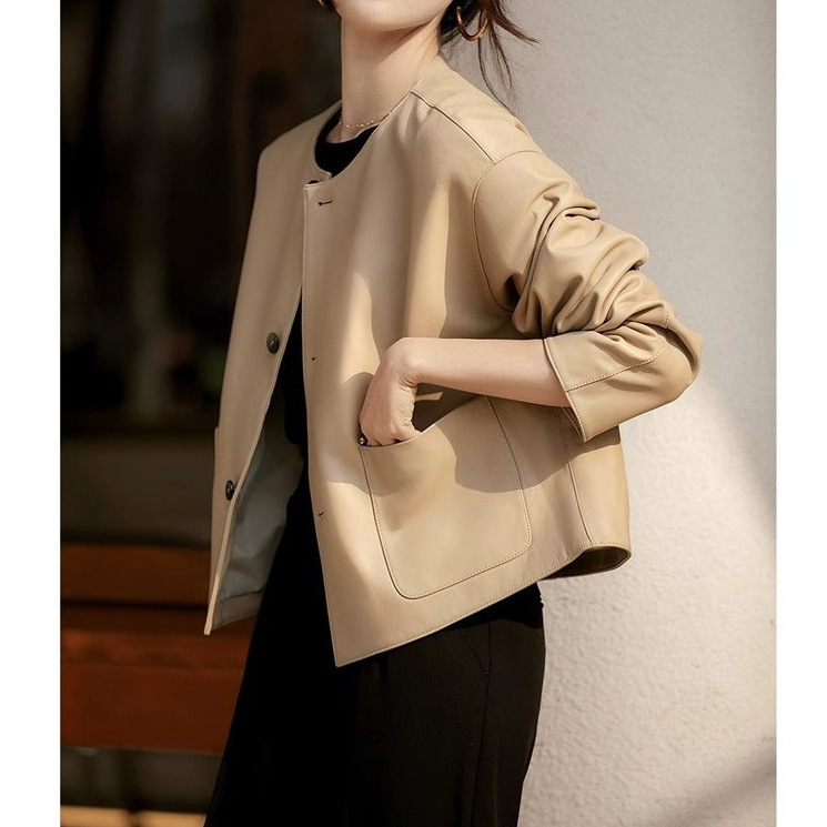 Foreign Trade Original Leather Jacket, Stylish 2026 Spring and Autumn New Women's Short Design Leather Coat with Round Neck