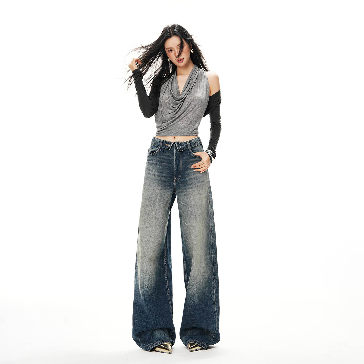 2026 Spring New Style Mid-Waist Folded Waist American Retro Washed Wide-Leg Denim Floor-Length Pants