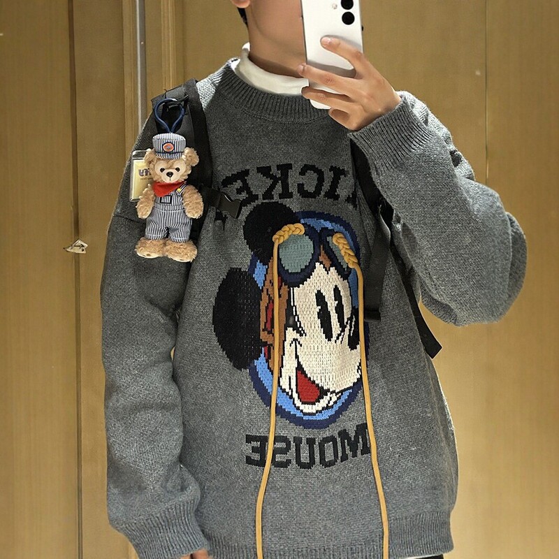 Cartoon Mickey Sweater for Women, New Autumn/Winter Loose Pullover Knitwear in Gray and Black, Casual Long-Sleeve Top