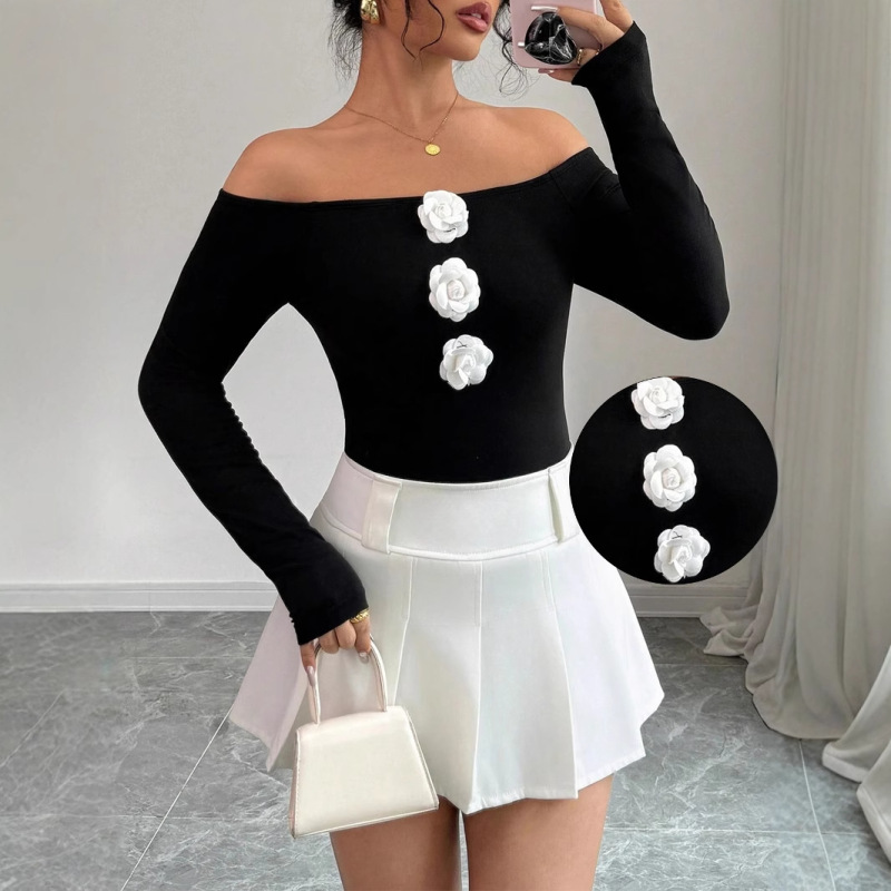 Cross-Border Popular T-Shirts, Export T-Shirts, European and American Amazon Gugu Style Popular Knitted Knitwears with Flowers and One Shoulder Cross-Border Popular T-Shirts, Export T-Shirts, European and American Amazon Gugu Style Popular Knitted Knitwears with Flowers and One Shoulder