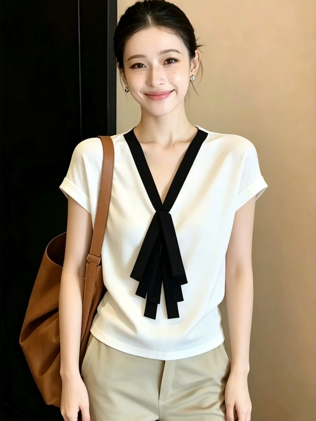 Áo thun nữ cổ V phối màu tay ngắn phong cách Hàn Quốc — Màu ảnh