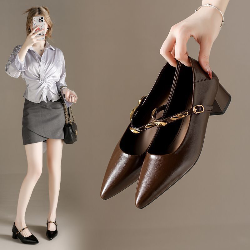 Zapatos Mary Jane de Tacón Ancho Ligero de PU para Trabajo y Otoño