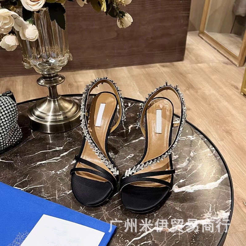 High-end European and American silk rhinestone with hollow round head open toe thin heel sexy high heel sandals banquet shoes