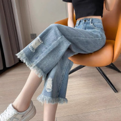 女性用タッセルストレートジーンズ2025春秋新作小柄ゆったり8点パンツ着痩せリッピング9点パンツ